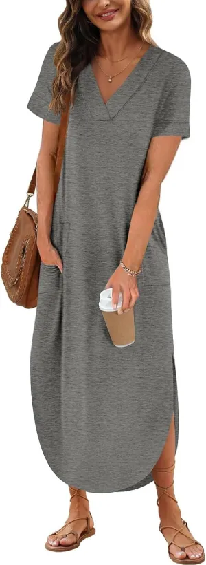 Womens Summer T Shirt Dress V Neck Short Sleeve Maxi Dresses Long Shirts with Pockets