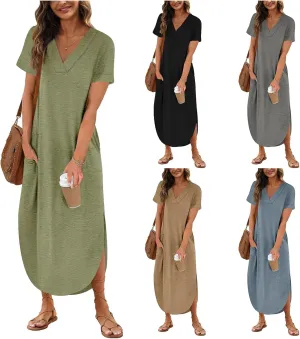 Womens Summer T Shirt Dress V Neck Short Sleeve Maxi Dresses Long Shirts with Pockets