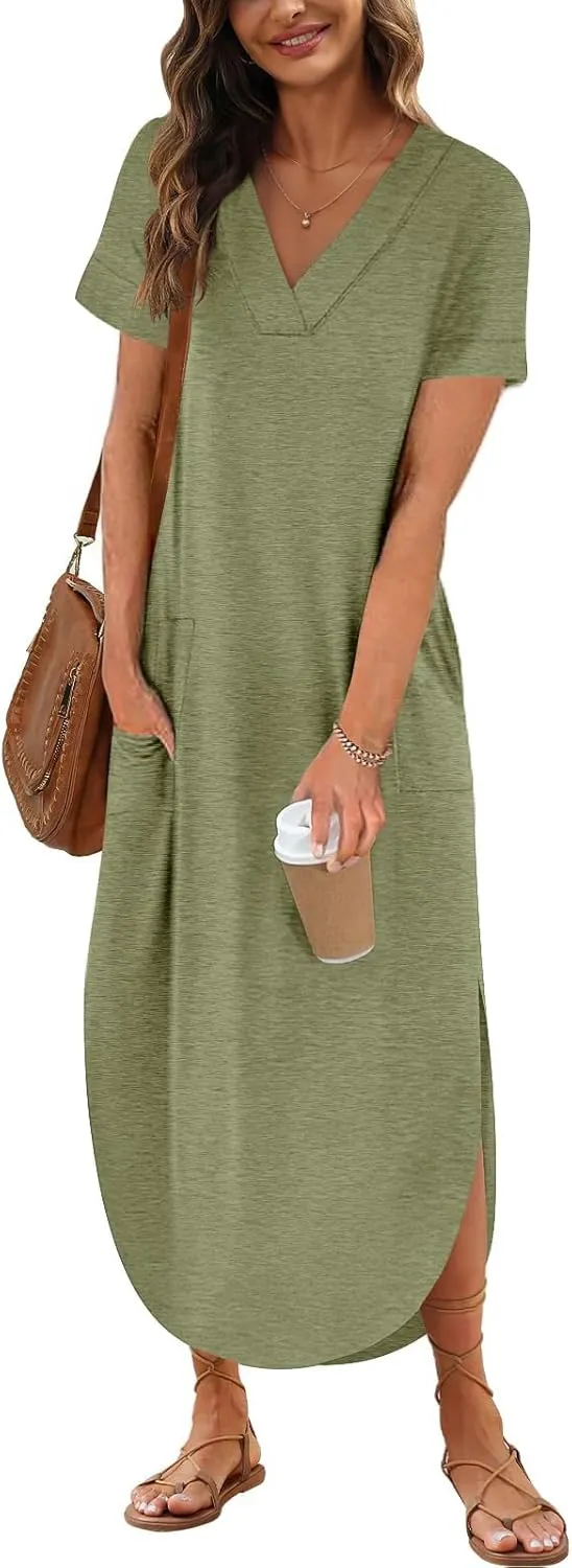 Womens Summer T Shirt Dress V Neck Short Sleeve Maxi Dresses Long Shirts with Pockets
