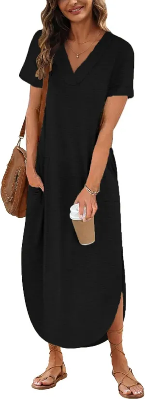 Womens Summer T Shirt Dress V Neck Short Sleeve Maxi Dresses Long Shirts with Pockets
