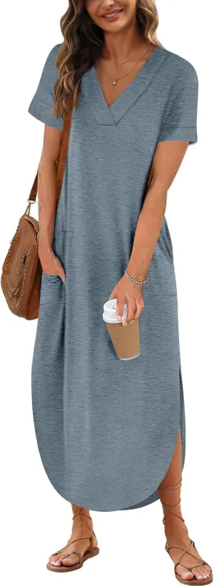 Womens Summer T Shirt Dress V Neck Short Sleeve Maxi Dresses Long Shirts with Pockets