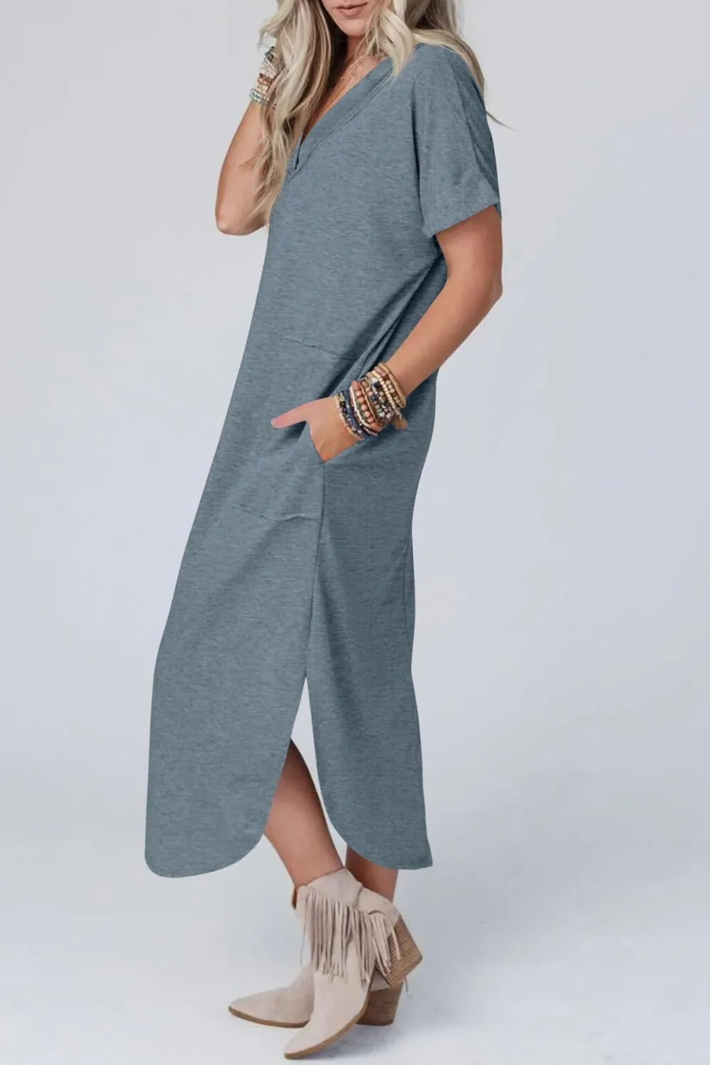 Womens Summer T Shirt Dress V Neck Short Sleeve Maxi Dresses Long Shirts with Pockets
