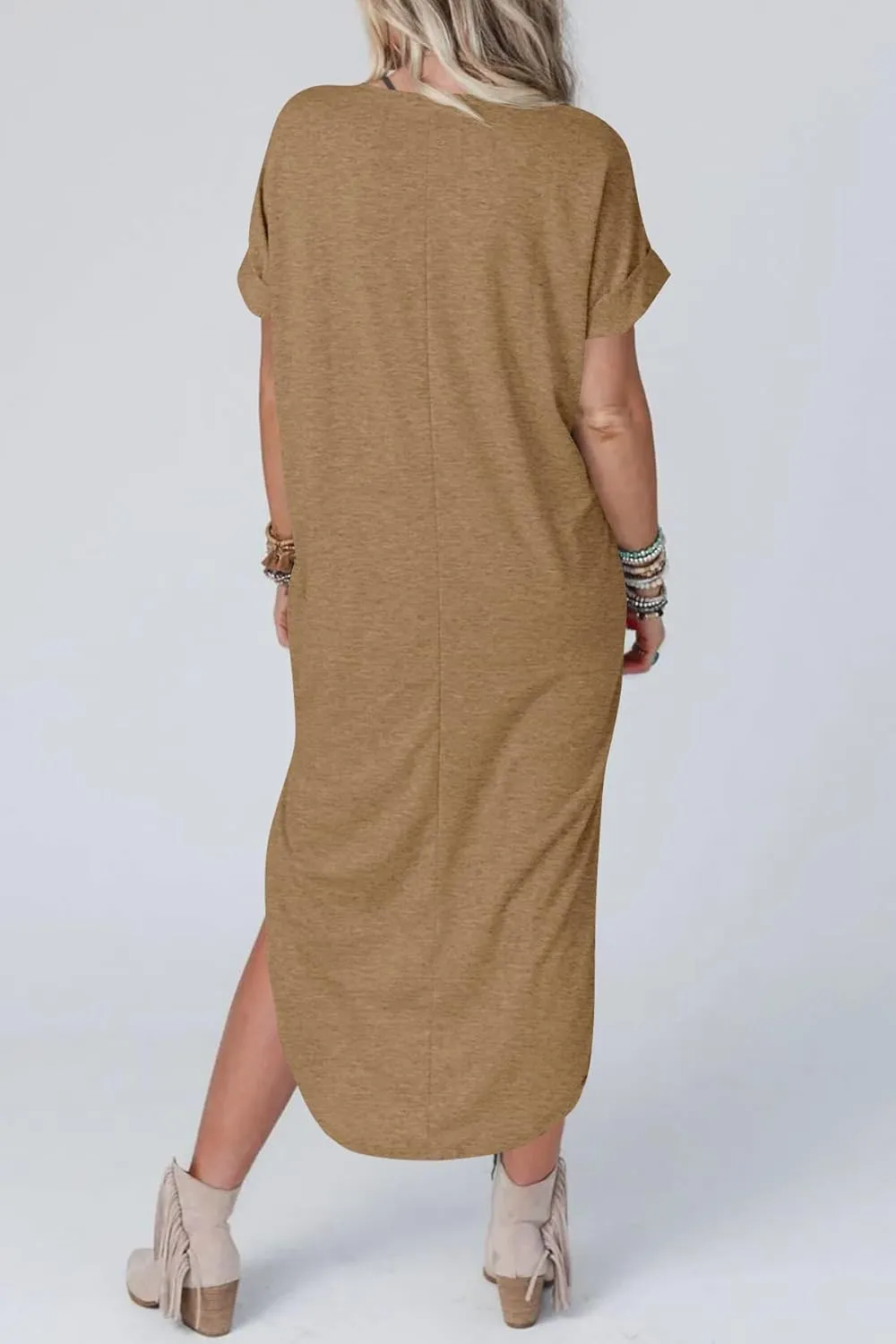 Womens Summer T Shirt Dress V Neck Short Sleeve Maxi Dresses Long Shirts with Pockets