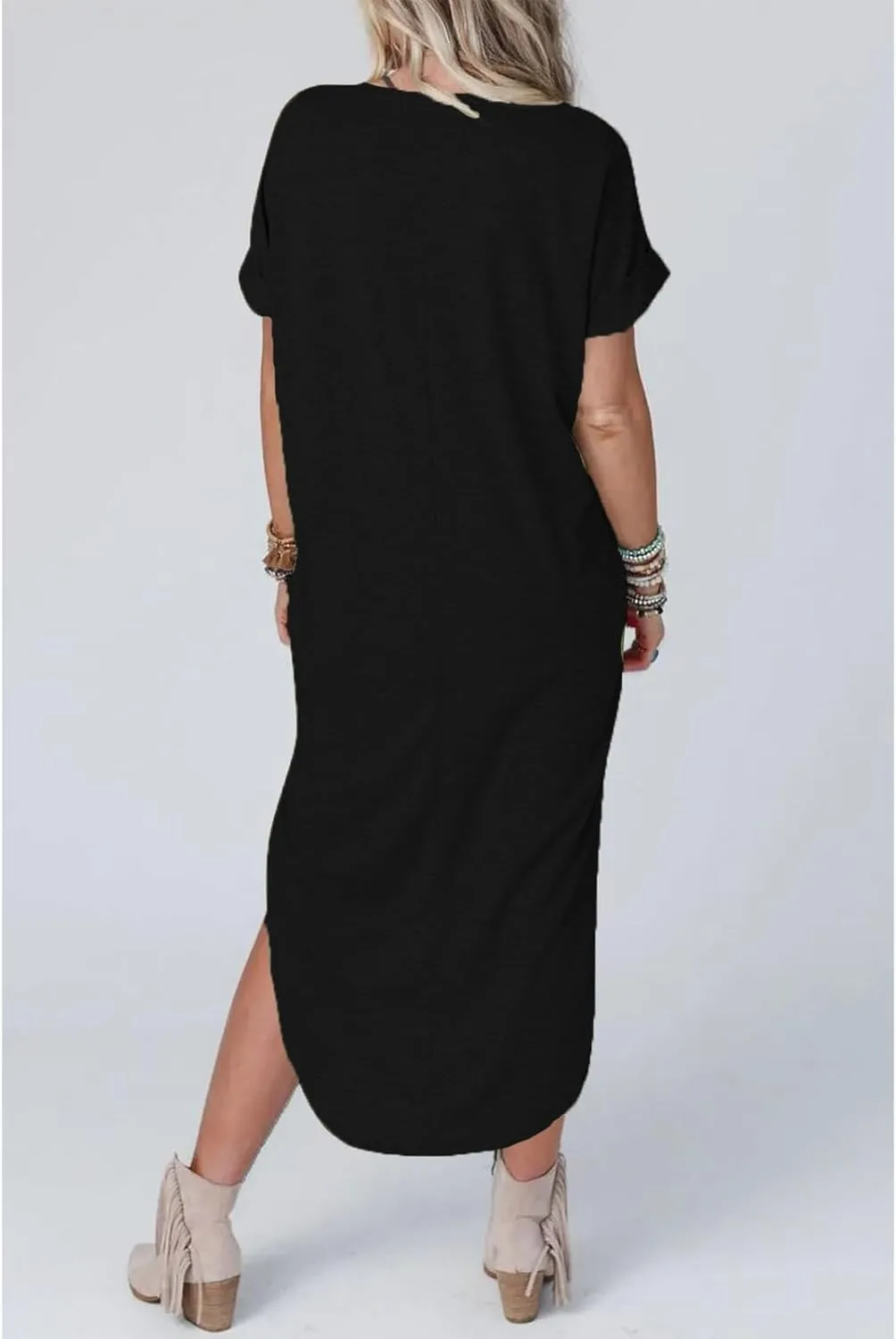 Womens Summer T Shirt Dress V Neck Short Sleeve Maxi Dresses Long Shirts with Pockets