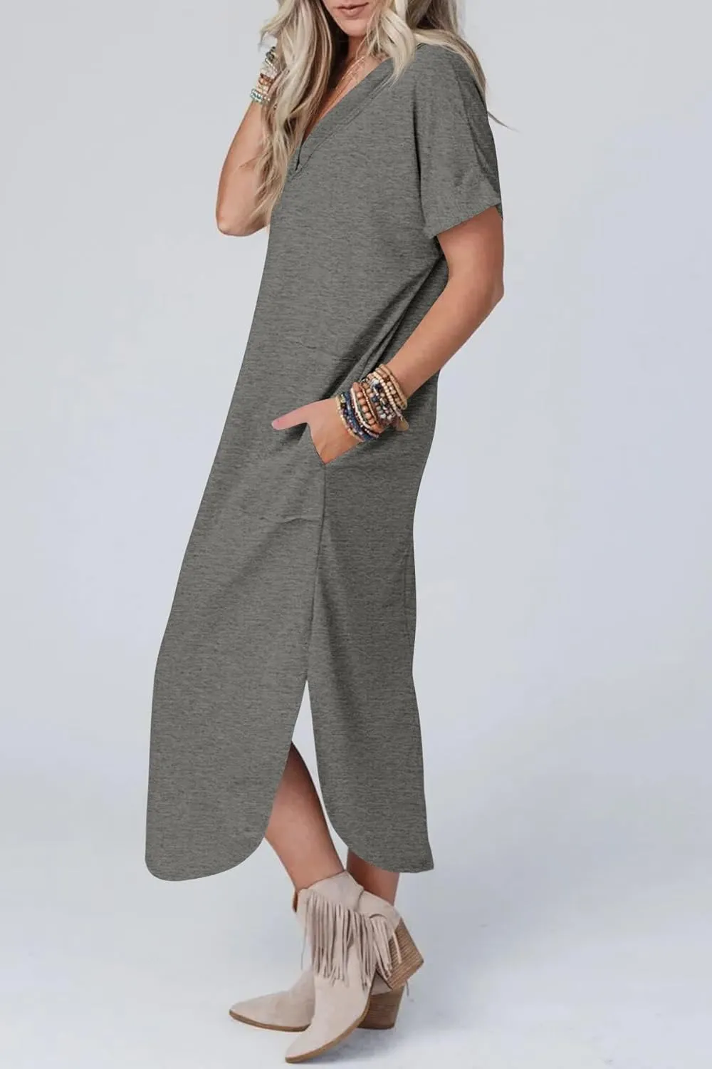 Womens Summer T Shirt Dress V Neck Short Sleeve Maxi Dresses Long Shirts with Pockets