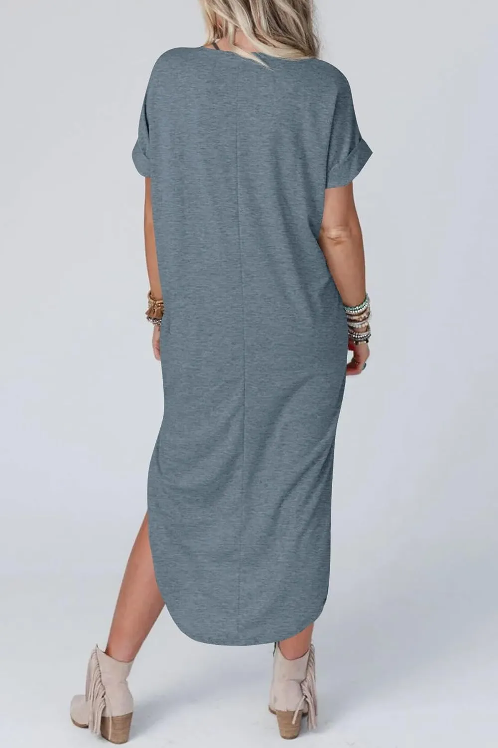 Womens Summer T Shirt Dress V Neck Short Sleeve Maxi Dresses Long Shirts with Pockets