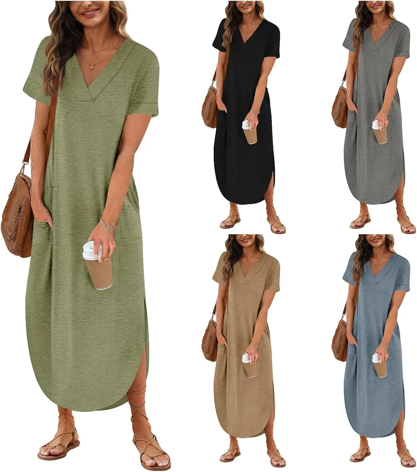 Womens Summer T Shirt Dress V Neck Short Sleeve Maxi Dresses Long Shirts with Pockets
