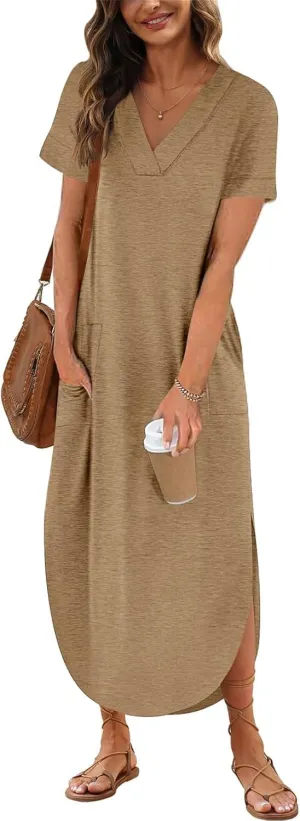 Womens Summer T Shirt Dress V Neck Short Sleeve Maxi Dresses Long Shirts with Pockets