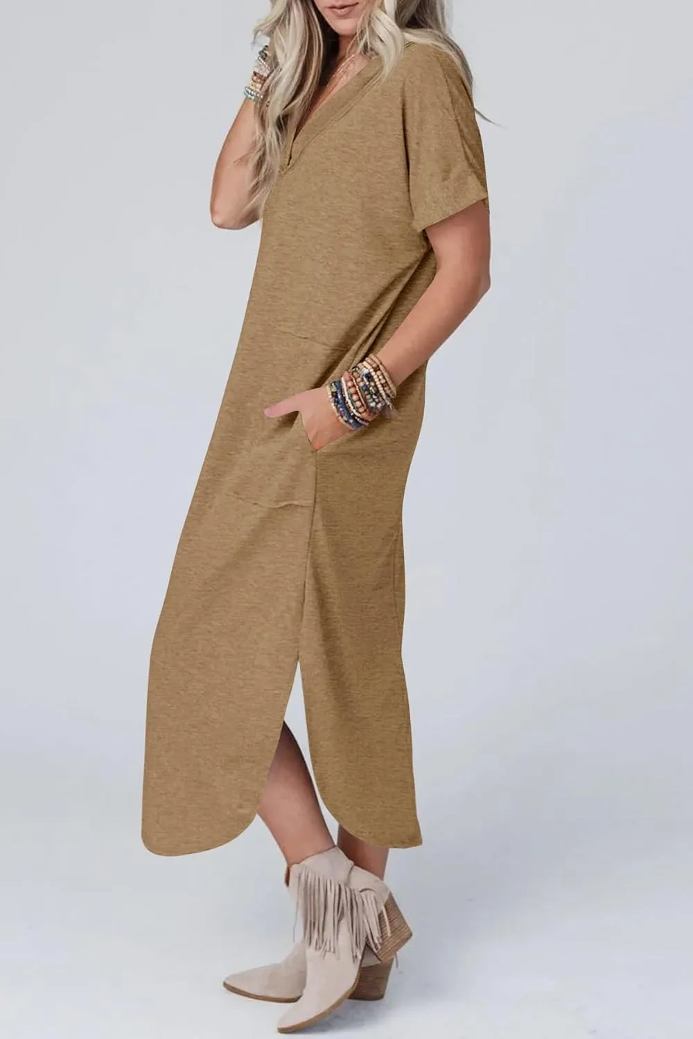 Womens Summer T Shirt Dress V Neck Short Sleeve Maxi Dresses Long Shirts with Pockets