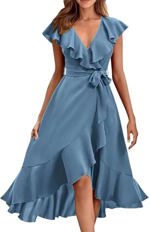 Women's Summer Wrap V Neck Split Party Dress Ruffle Short Sleeve Midi Dresses with Belt Boho Beach Long Dresses