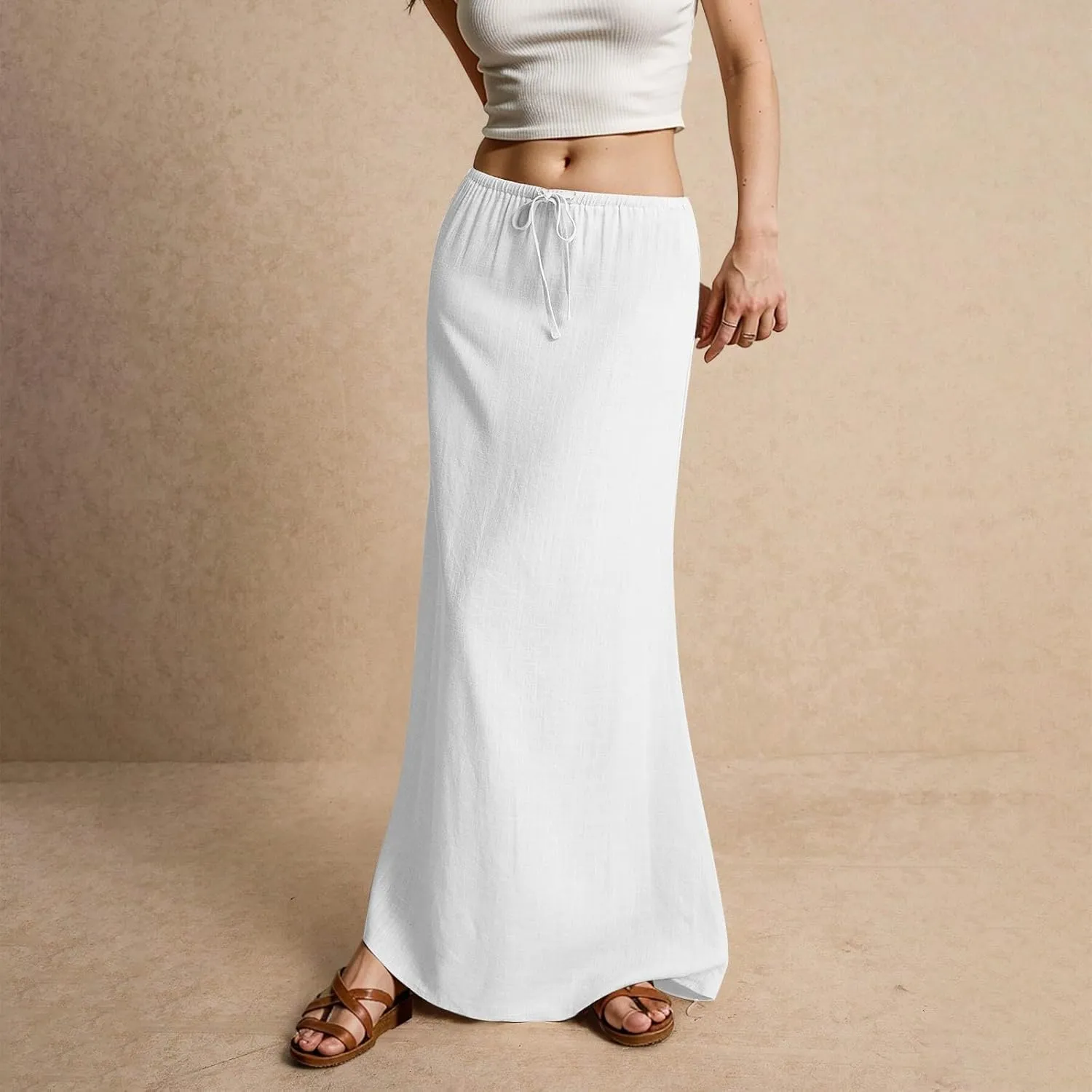 Women's Sundresses 2025 Summer Casual Loose Trendy Drawstring Solid Color Long Maxi Beach Sun Linen Skirts, S-2XL