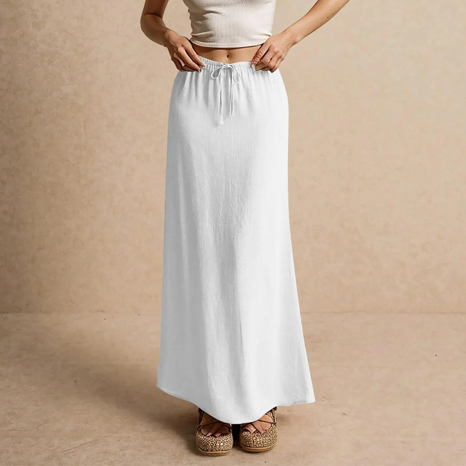 Women's Sundresses 2025 Summer Casual Loose Trendy Drawstring Solid Color Long Maxi Beach Sun Linen Skirts, S-2XL