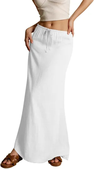 Women's Sundresses 2025 Summer Casual Loose Trendy Drawstring Solid Color Long Maxi Beach Sun Linen Skirts, S-2XL