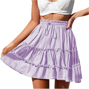 Women's Tiered Mini Skirts Elastic Ruffle Hem Beach Skirt Drawstring Stretch Flowy Pleated Boho Skirts