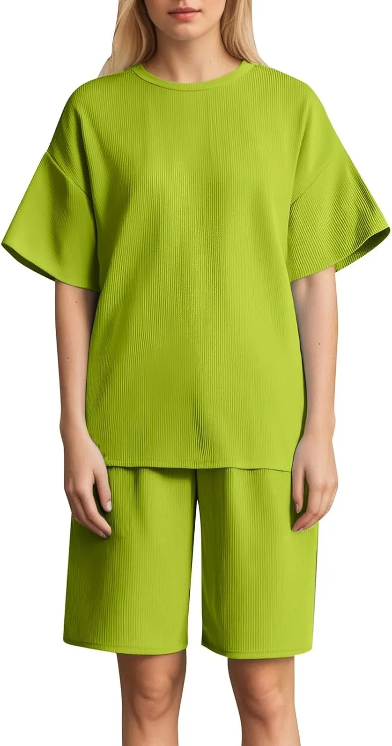 Women's Two Piece Ribbed Knit Lounge Sets Short Sleeve Crew Neck Soft Tops Elastic Waisted Shorts Fashion Matching Sets