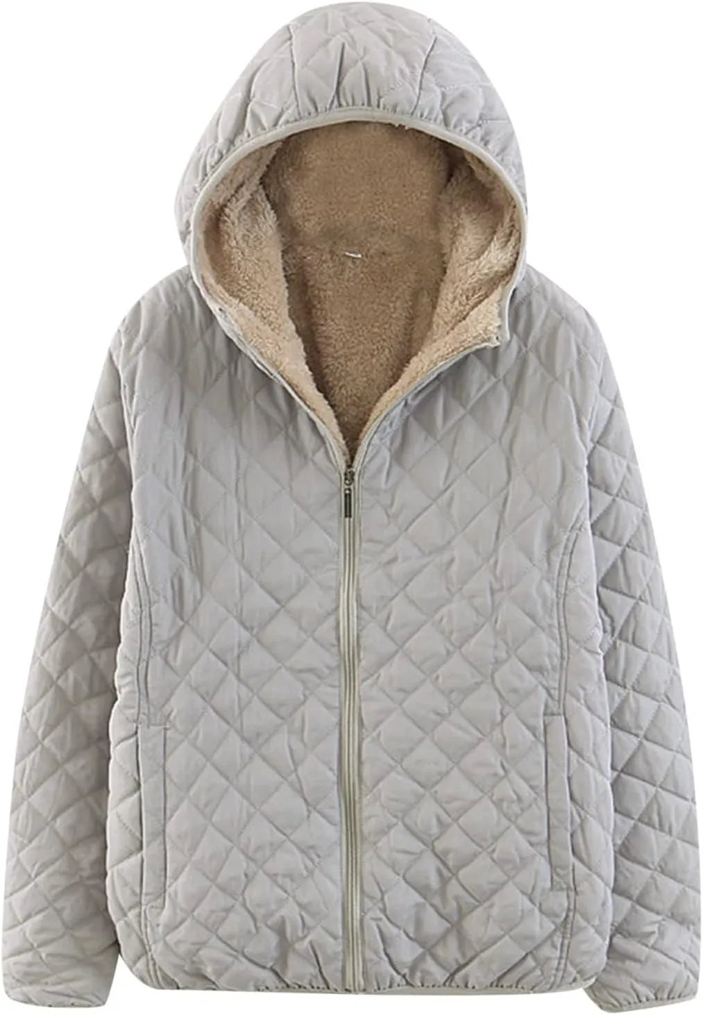 Women's Warm Fleece Quilted Jacket with Hood Winter Zip Up Padded Coat Loose Fit Puffer Warm Cropped Down Coats Trendy