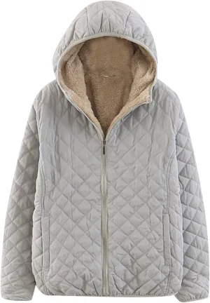 Women's Warm Fleece Quilted Jacket with Hood Winter Zip Up Padded Coat Loose Fit Puffer Warm Cropped Down Coats Trendy