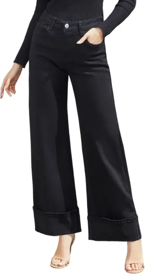 Women's Wide Leg Sweatpant Jeans High Waisted Stretchy Cuffed Baggy Denim Pants