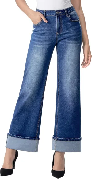Women's Wide Leg Sweatpant Jeans High Waisted Stretchy Cuffed Baggy Denim Pants