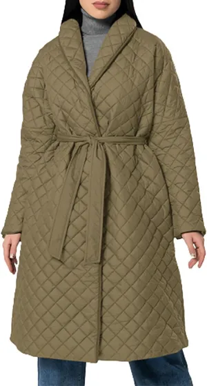 Women's Winter Warm Coats Lapel Mid-Length Diamond Quilted Down Jacket With Belt Oversized Open Front Jacket Cardigan