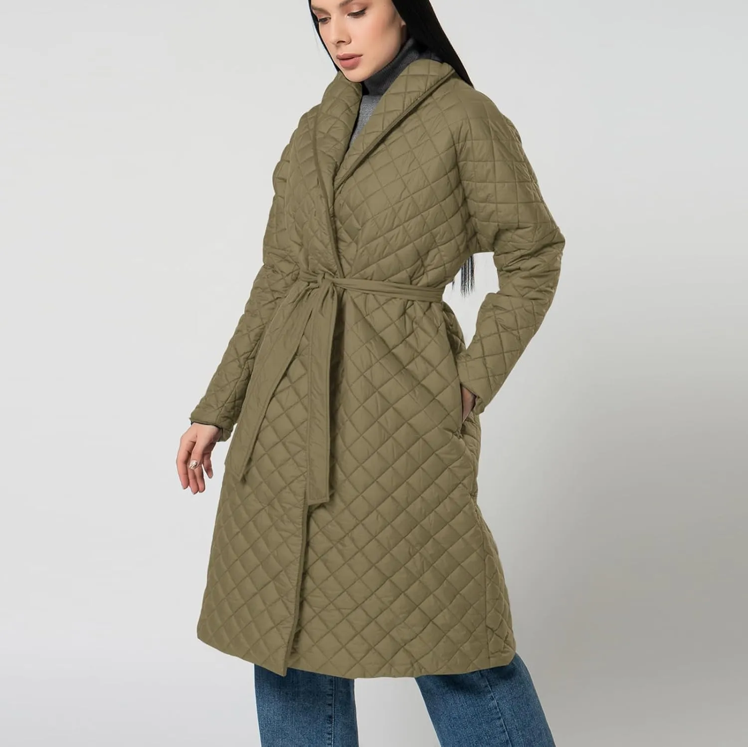 Women's Winter Warm Coats Lapel Mid-Length Diamond Quilted Down Jacket With Belt Oversized Open Front Jacket Cardigan