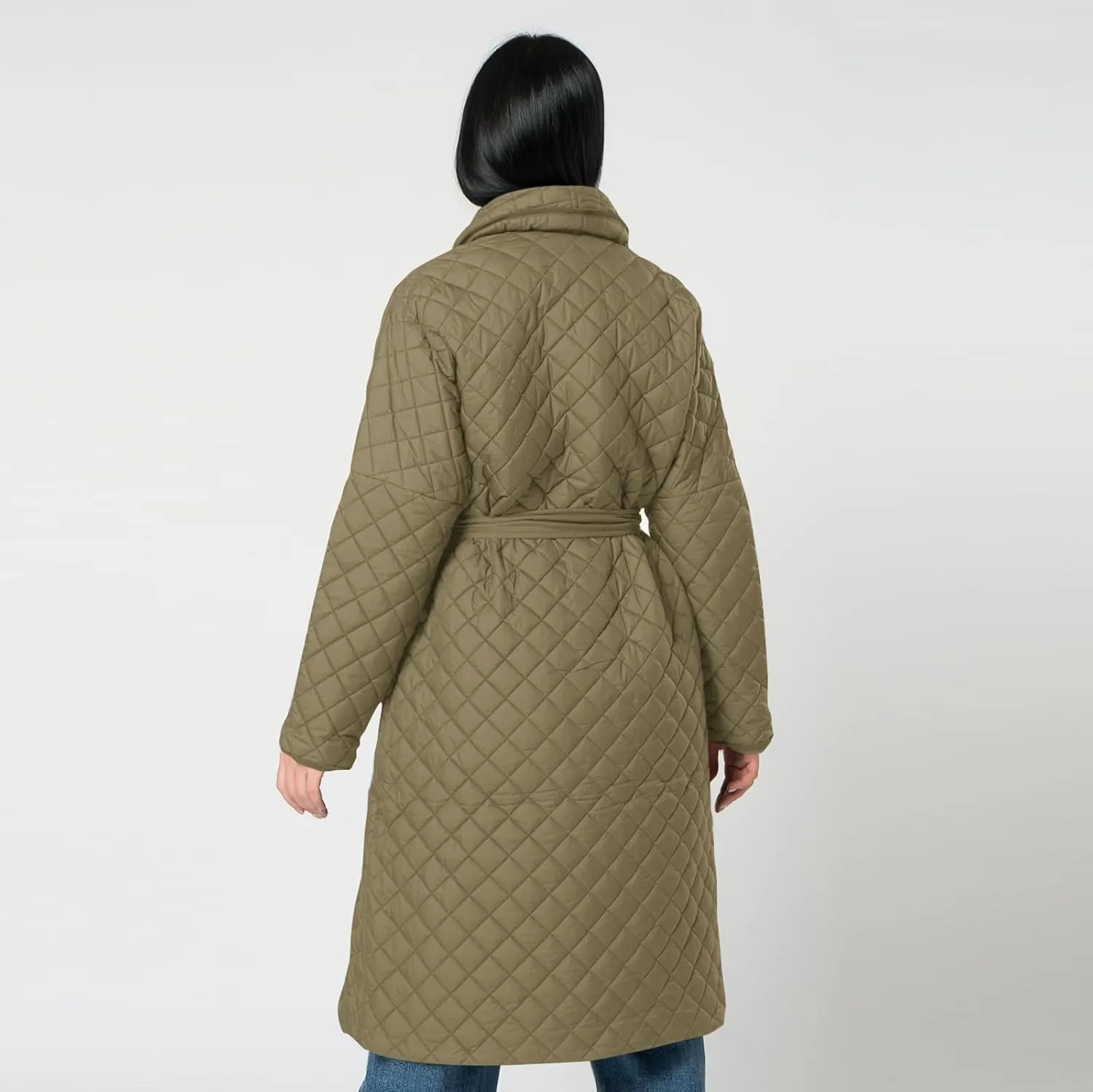 Women's Winter Warm Coats Lapel Mid-Length Diamond Quilted Down Jacket With Belt Oversized Open Front Jacket Cardigan