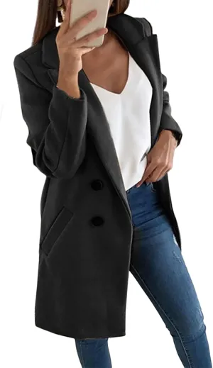 Women's Winter Wool Coat Elegant Notched Collar Double Breasted Wool Blend Over Coat Notch Lapel Trench Coat Overcoat