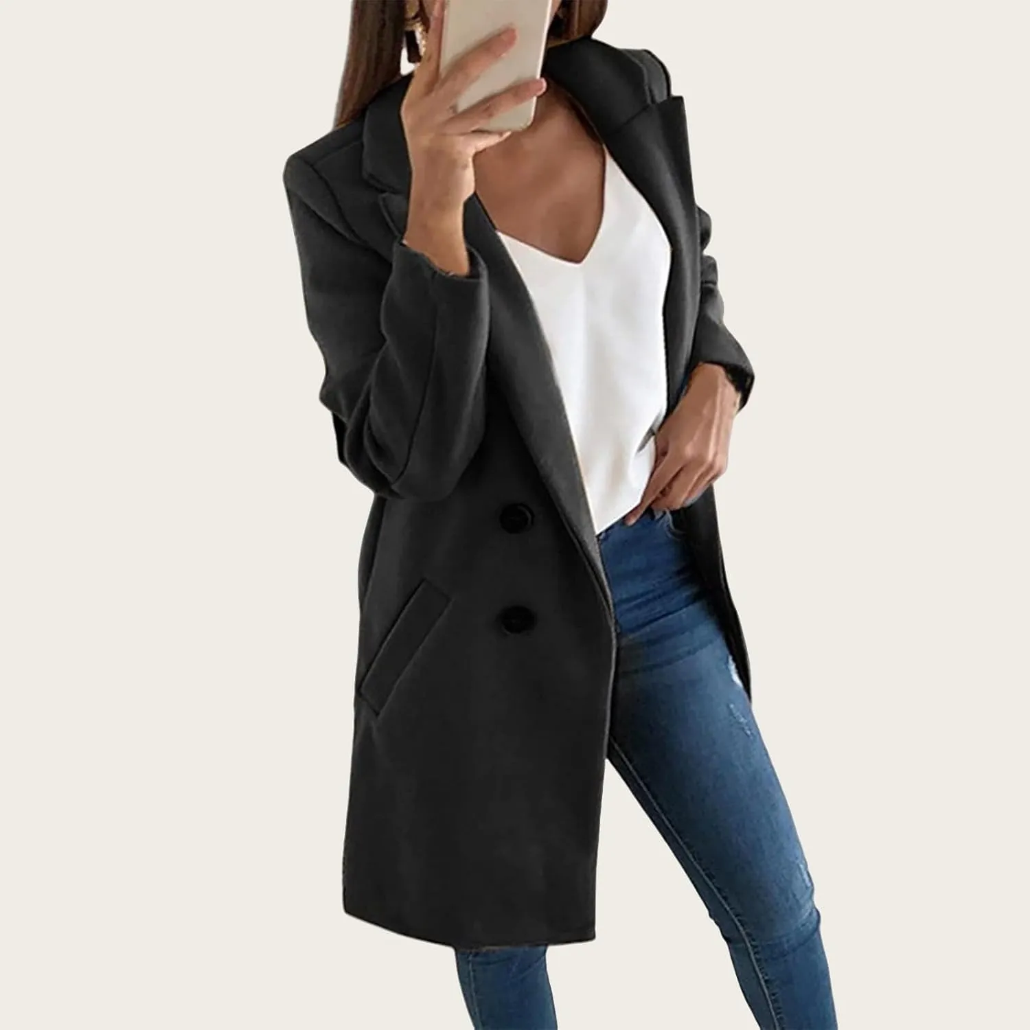 Women's Winter Wool Coat Elegant Notched Collar Double Breasted Wool Blend Over Coat Notch Lapel Trench Coat Overcoat