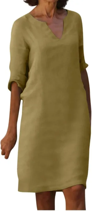 Work Dresses for Women 2025 Linen Shirt Dress Holiday Shift V Neck Short Sleeve Solid Color Casual Flowy Summer Dress