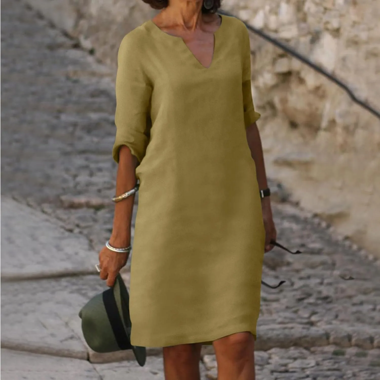 Work Dresses for Women 2025 Linen Shirt Dress Holiday Shift V Neck Short Sleeve Solid Color Casual Flowy Summer Dress