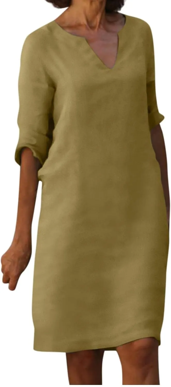 Work Dresses for Women 2025 Linen Shirt Dress Holiday Shift V Neck Short Sleeve Solid Color Casual Flowy Summer Dress