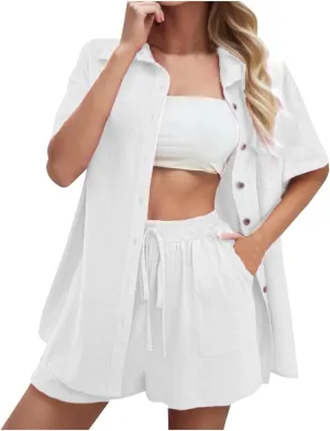 WYTong Women Summer Linen Button Down Shirt & Shorts Set 2 Piece Outfits with Pockets Casual Beach Vacation Loungewear