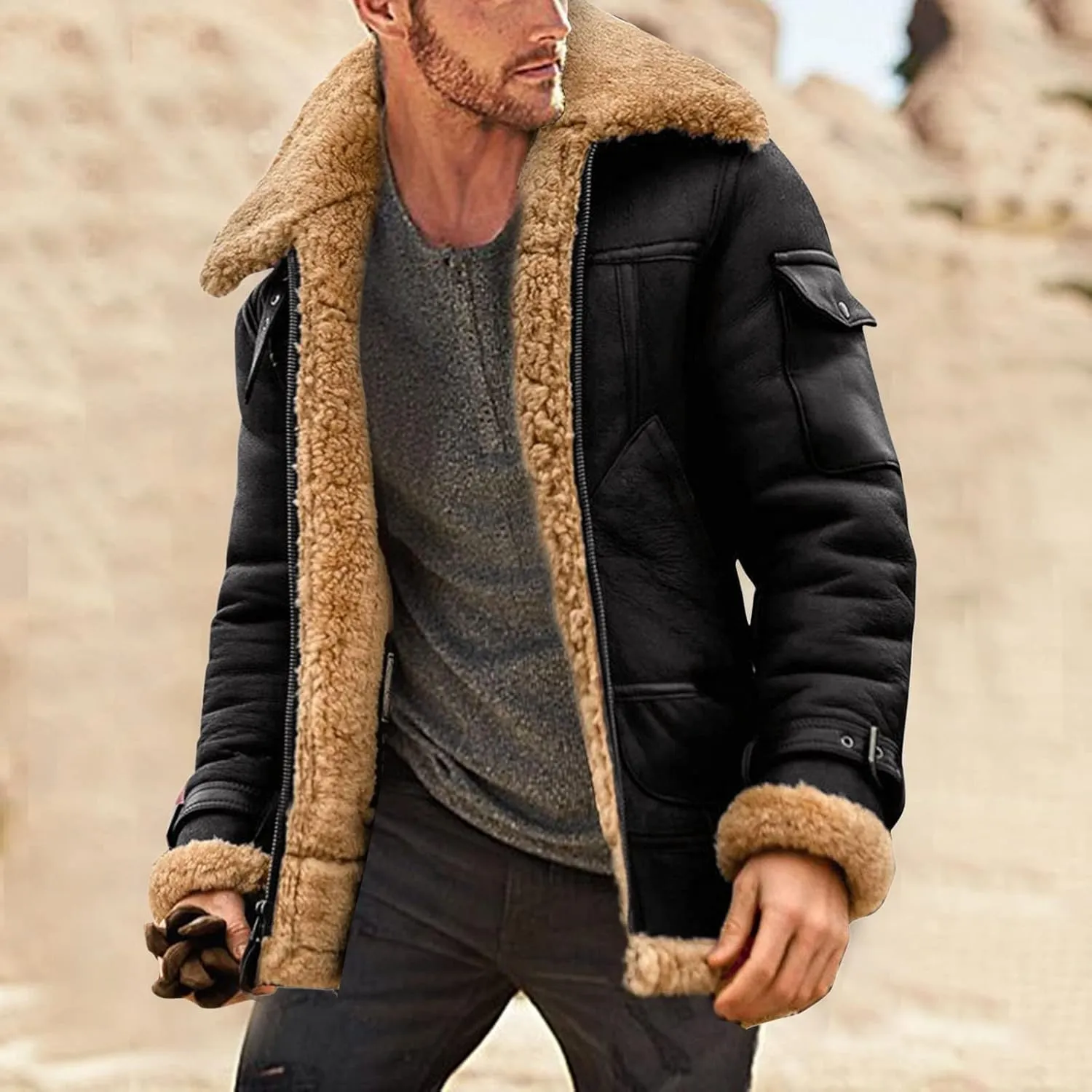 XIAXOGOOL Jackets For Men,Men's Shearling Coat Faux Suede Sherpa Lined Winter Thicken Warm Jacket With Pockets