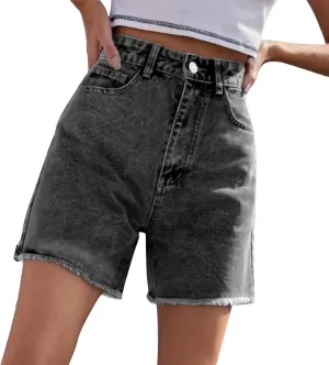 XUETON Bermuda Shorts for Women High Waisted Denim Shorts Straight Leg Raw Hem Jean Shorts Summer Hot Pants with Pockets(Dark Gray,Large)