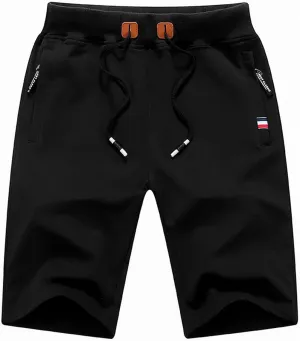 XUETON Mens Casual Lounge Shorts Fashion Comfy French Terry Cotton Shorts Workout Athletic Training Gym Shorts Summer Beach(Black,Medium)