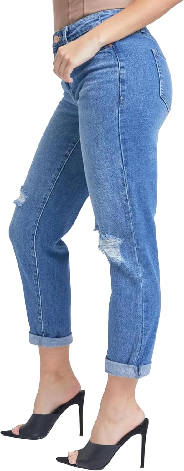 YMI Women's Junior Hybrid Dream Easy Fit Boyfriend Jean with Rolled Cuffed Ankle