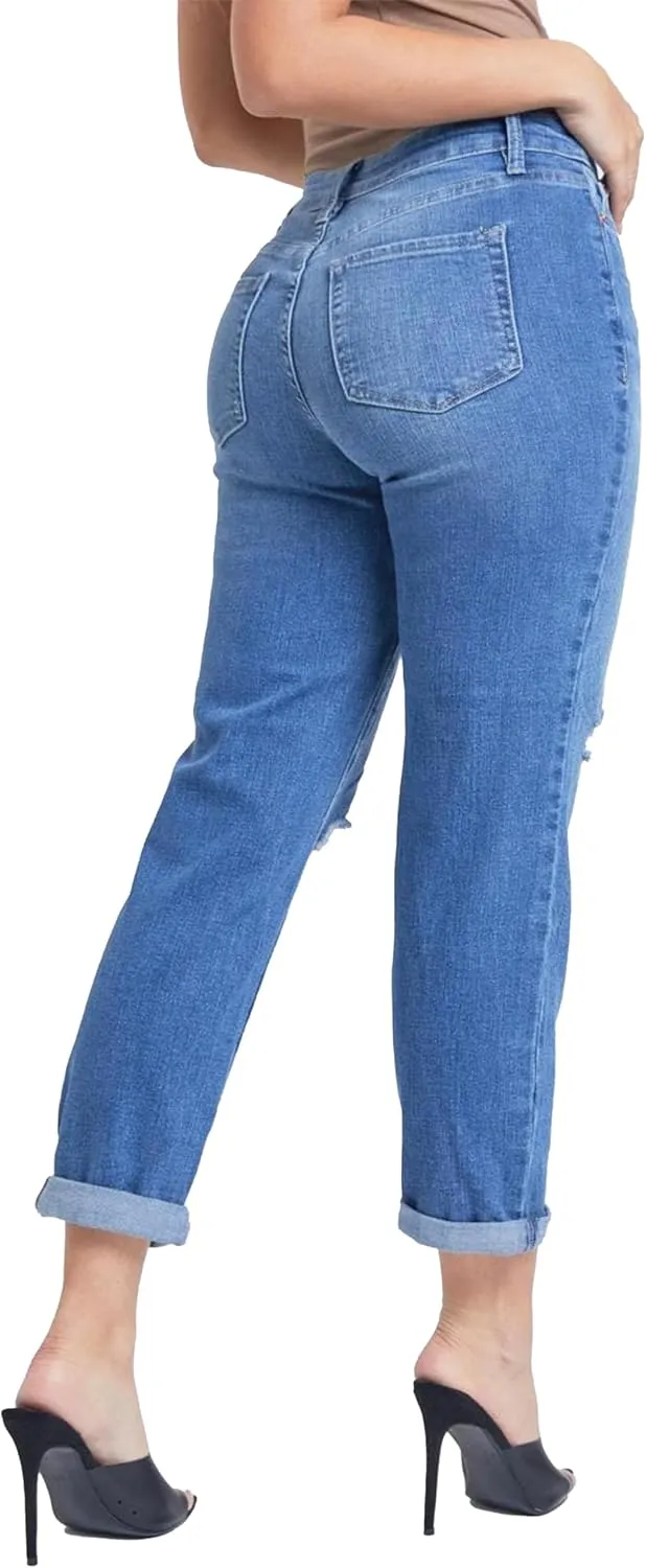 YMI Women's Junior Hybrid Dream Easy Fit Boyfriend Jean with Rolled Cuffed Ankle