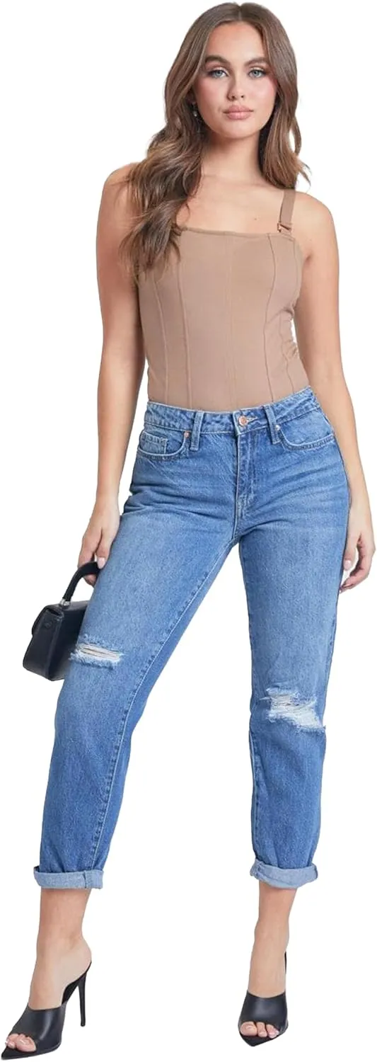 YMI Women's Junior Hybrid Dream Easy Fit Boyfriend Jean with Rolled Cuffed Ankle