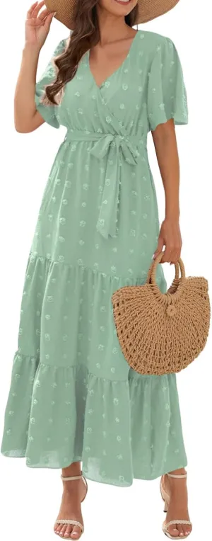 ZEFOTIM Women's Maxi Dress Work Solid Color Dress Short Sleeve V Neck Dresses