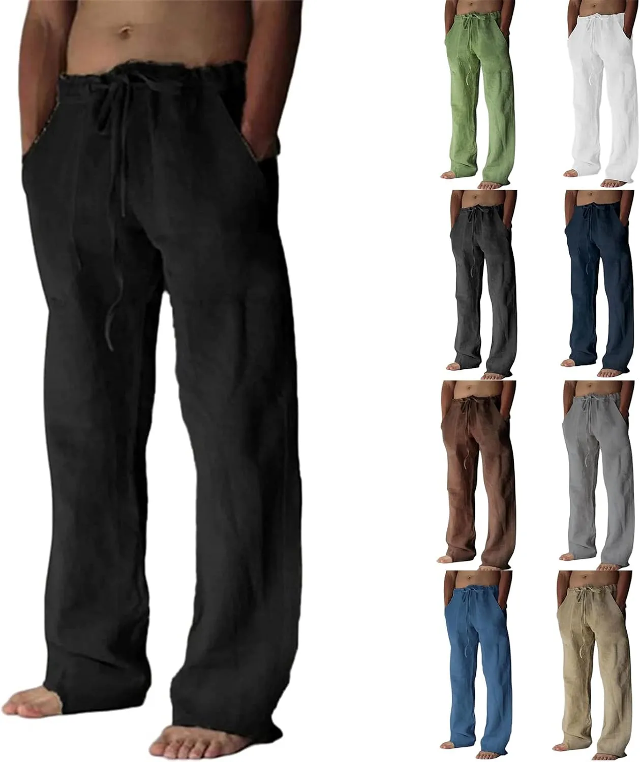 ZWRXW Baggy Linen Pants for Men Beach Straight-Legs Drawstring Stretchy Waist Casual Lightweight Yoga Solid Trousers