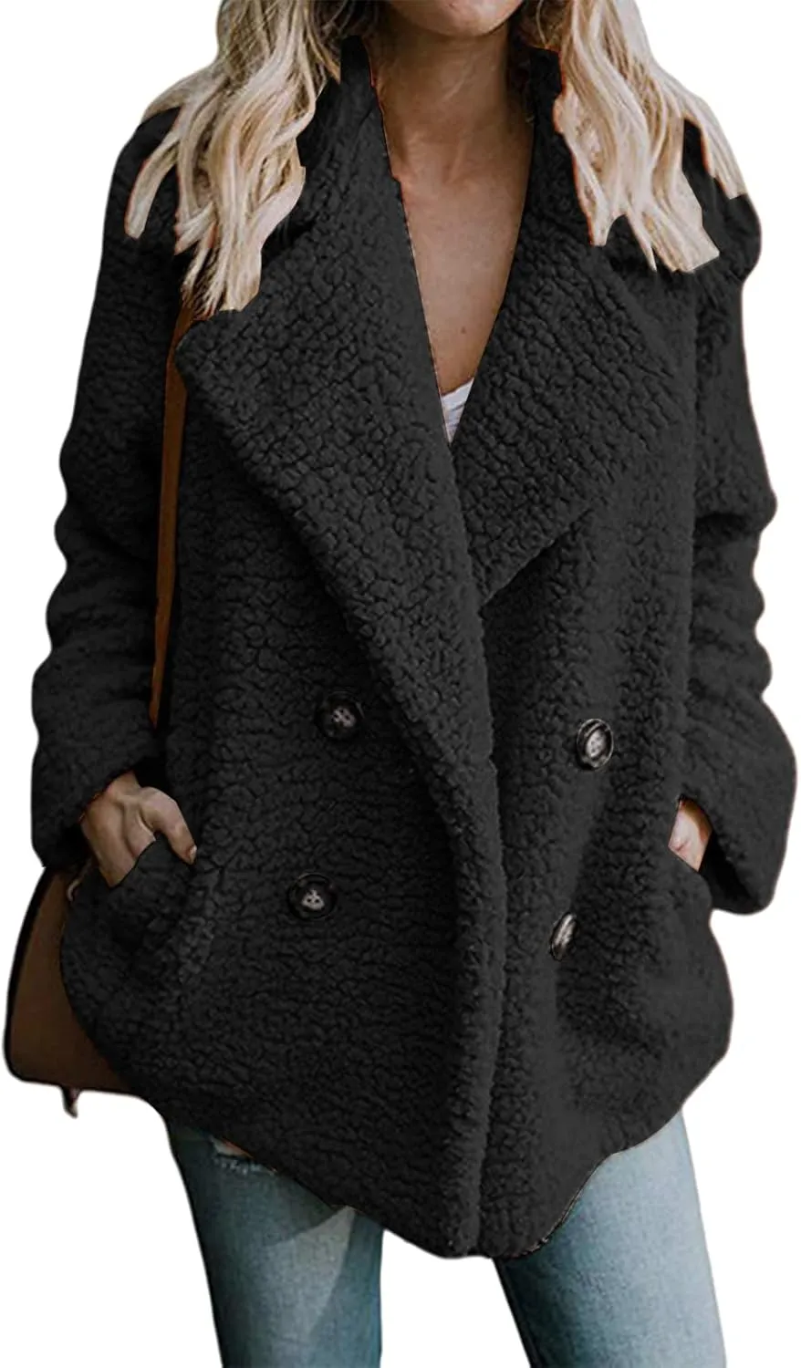 ZWRXW Sherpa Coats for Women Double Breasted Oversized Shacket Jacket Casual Long Sleeve Shearling Shaggy Outwear with Pocket