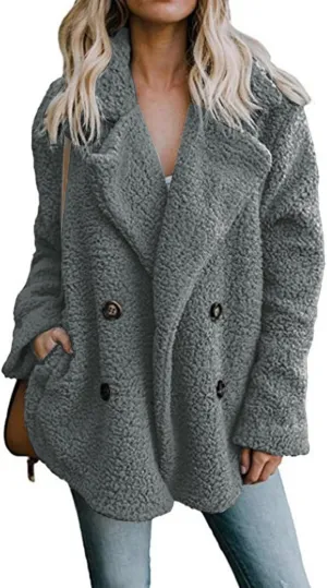 ZWRXW Sherpa Coats for Women Double Breasted Oversized Shacket Jacket Casual Long Sleeve Shearling Shaggy Outwear with Pocket