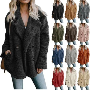 ZWRXW Sherpa Coats for Women Double Breasted Oversized Shacket Jacket Casual Long Sleeve Shearling Shaggy Outwear with Pocket