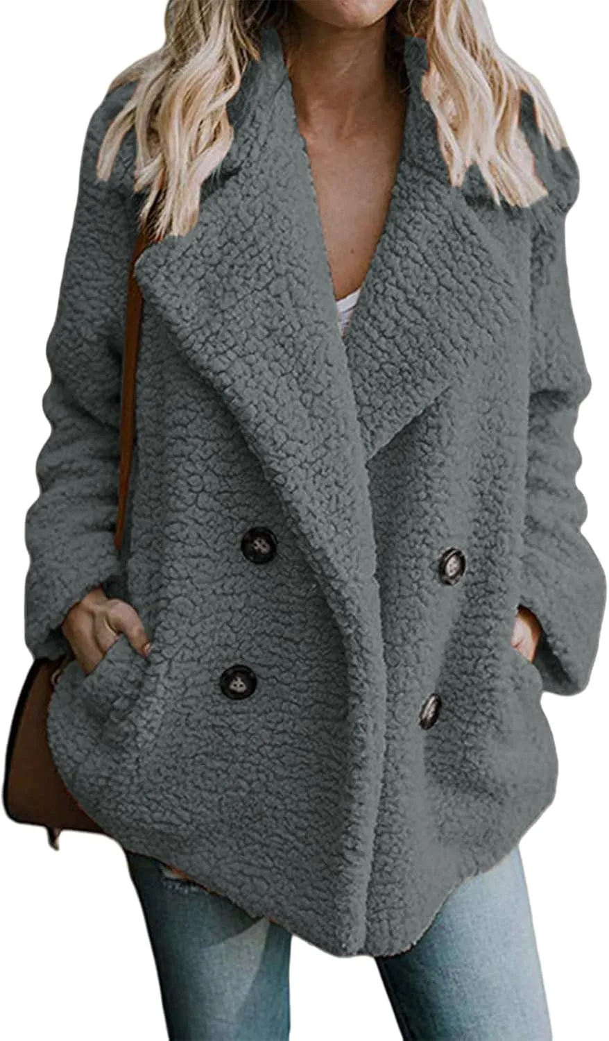 ZWRXW Sherpa Coats for Women Double Breasted Oversized Shacket Jacket Casual Long Sleeve Shearling Shaggy Outwear with Pocket