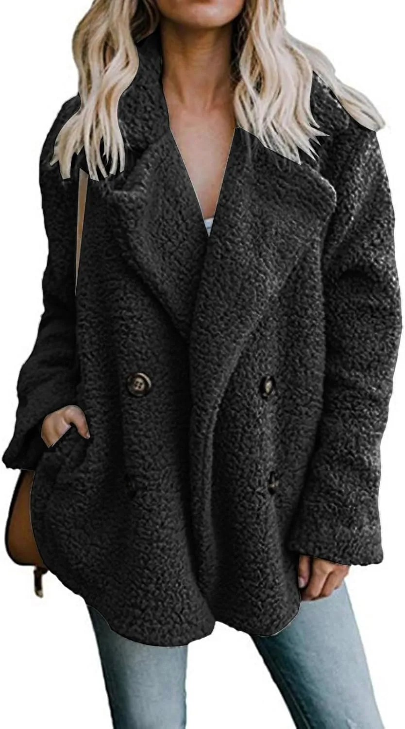 ZWRXW Sherpa Coats for Women Double Breasted Oversized Shacket Jacket Casual Long Sleeve Shearling Shaggy Outwear with Pocket