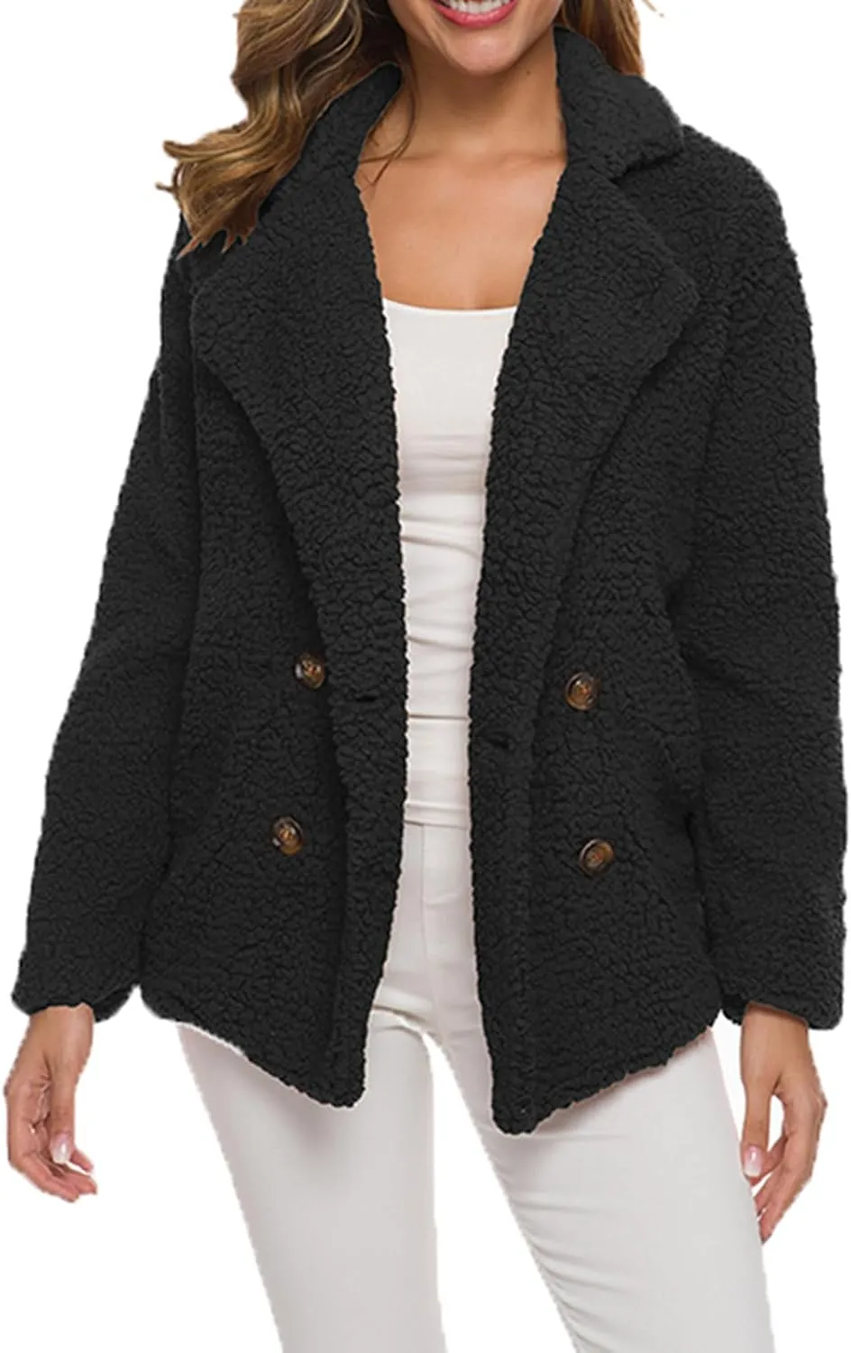 ZWRXW Sherpa Coats for Women Double Breasted Oversized Shacket Jacket Casual Long Sleeve Shearling Shaggy Outwear with Pocket