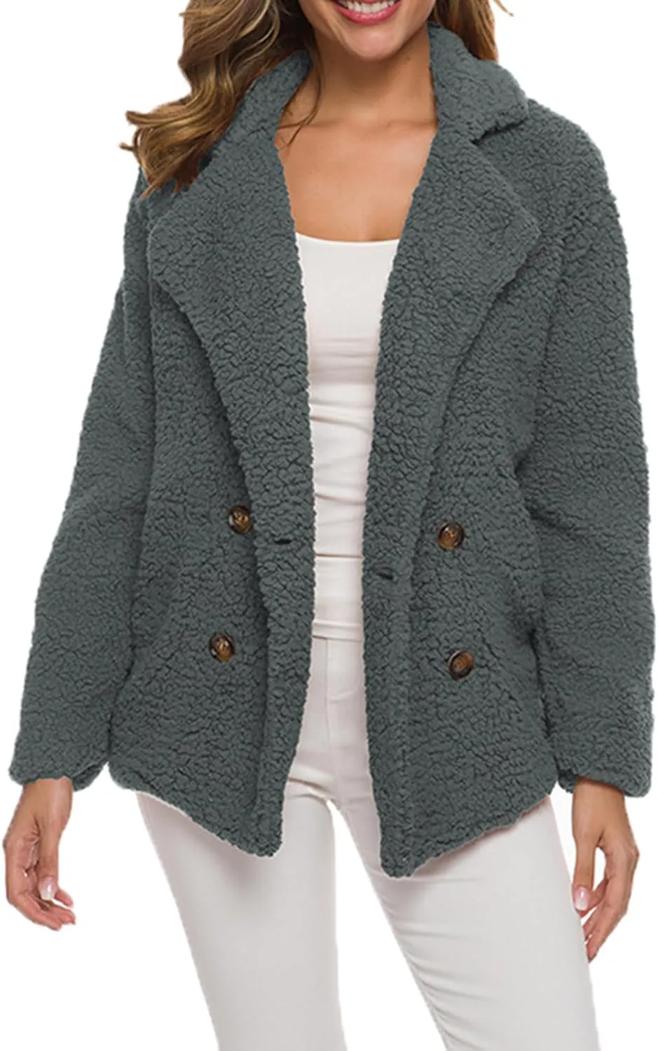 ZWRXW Sherpa Coats for Women Double Breasted Oversized Shacket Jacket Casual Long Sleeve Shearling Shaggy Outwear with Pocket